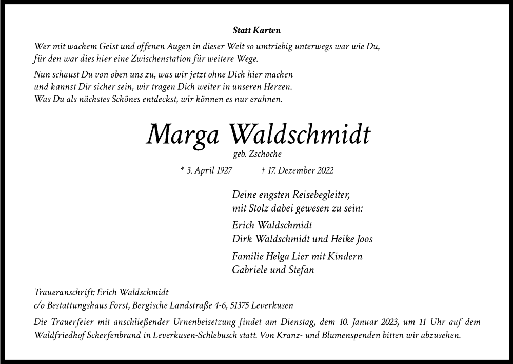  Traueranzeige für Marga Waldschmidt vom 04.01.2023 aus Kölner Stadt-Anzeiger / Kölnische Rundschau / Express