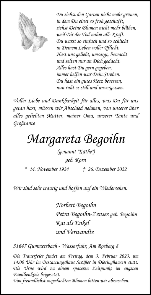 Anzeige von Margareta Begoihn von  Anzeigen Echo 