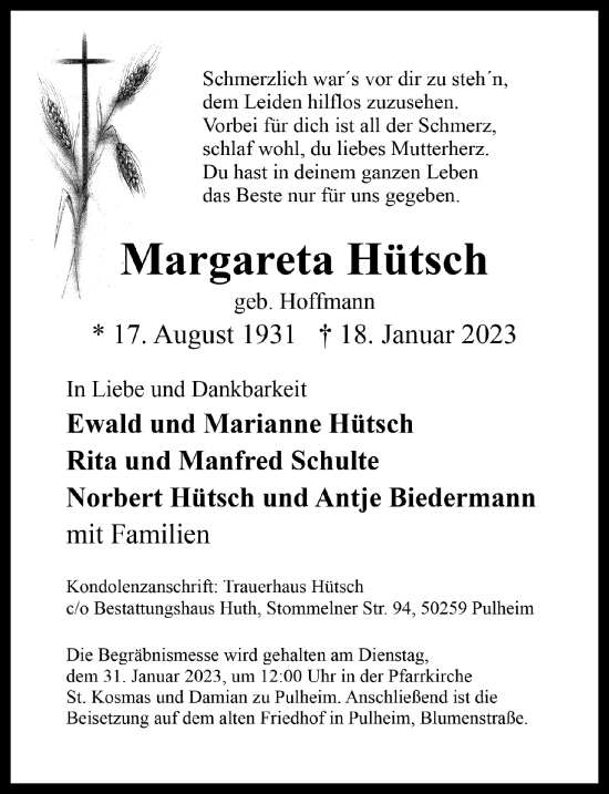Anzeige von Margareta Hütsch von  Wochenende 