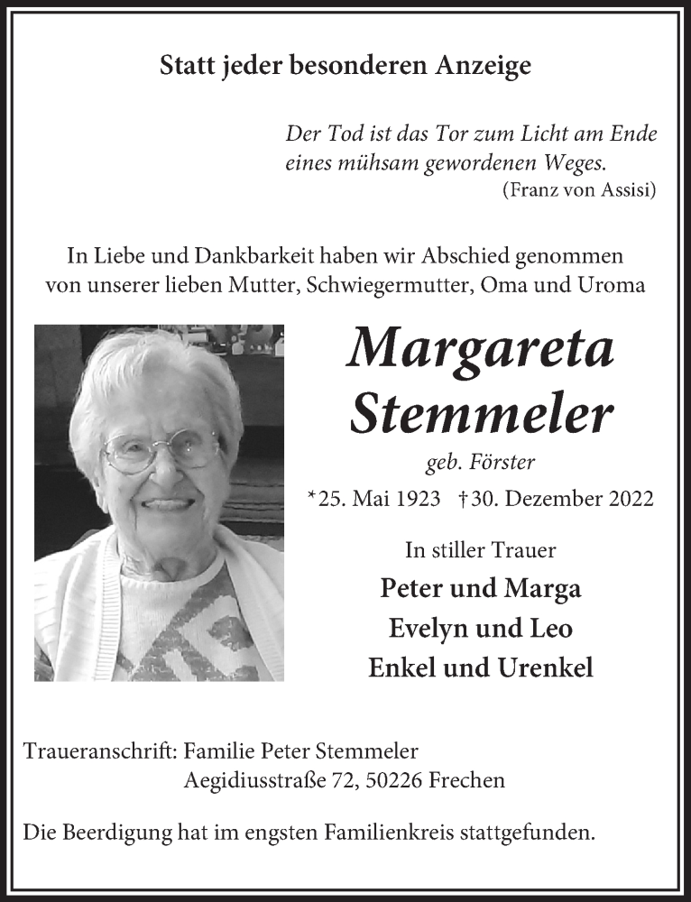  Traueranzeige für Margareta Stemmeler vom 13.01.2023 aus  Wochenende 