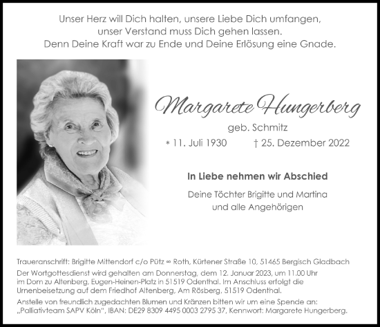 Anzeige von Margarete Hungerberg von  Bergisches Handelsblatt 