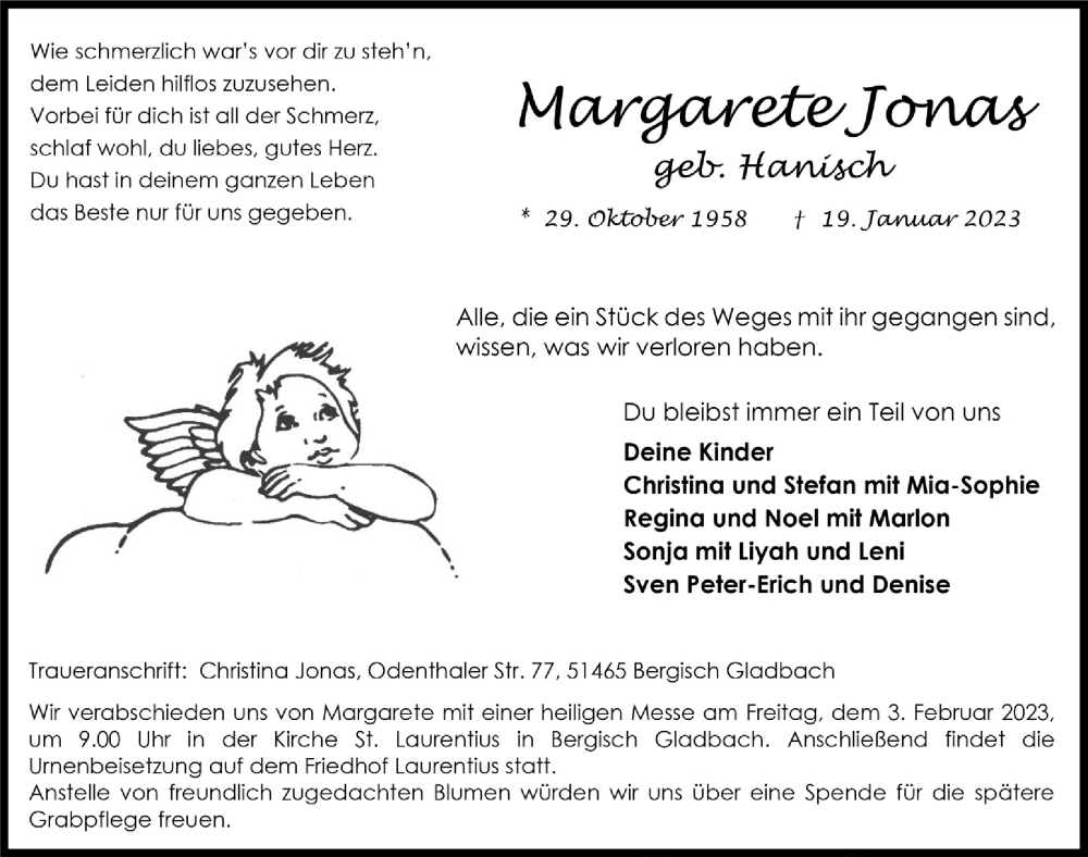  Traueranzeige für Margarete Jonas vom 27.01.2023 aus  Bergisches Handelsblatt 