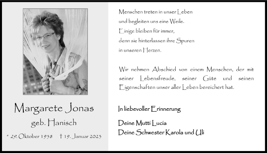 Anzeige von Margarete Jonas von  Bergisches Handelsblatt 