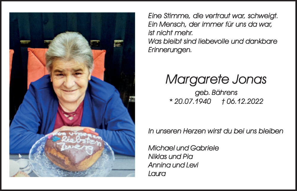 Traueranzeigen von Margarete Jonas WirTrauern