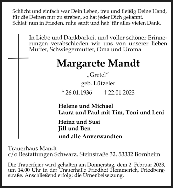 Anzeige von Margarete Mandt von  Schaufenster/Blickpunkt 