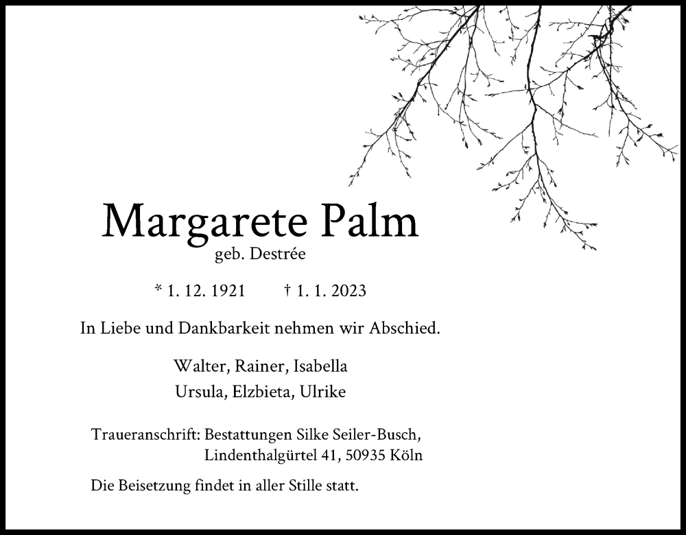  Traueranzeige für Margarete Palm vom 07.01.2023 aus Kölner Stadt-Anzeiger / Kölnische Rundschau / Express