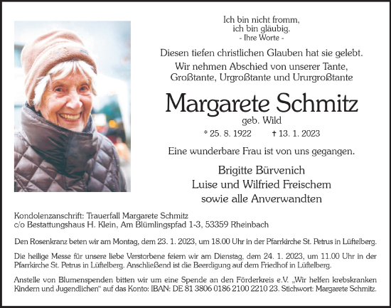 Anzeige von Margarete Schmitz von  Schaufenster/Blickpunkt 