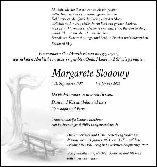 Anzeige von Margarete Slodowy von Kölner Stadt-Anzeiger / Kölnische Rundschau / Express