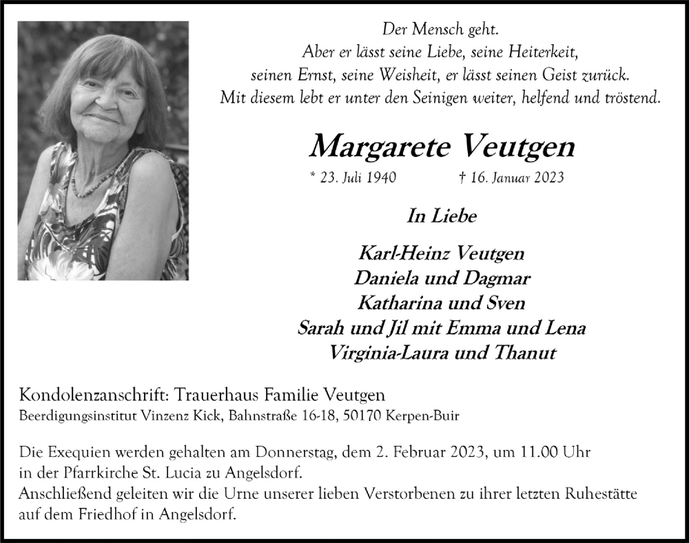  Traueranzeige für Margarete Veutgen vom 27.01.2023 aus  Werbepost 