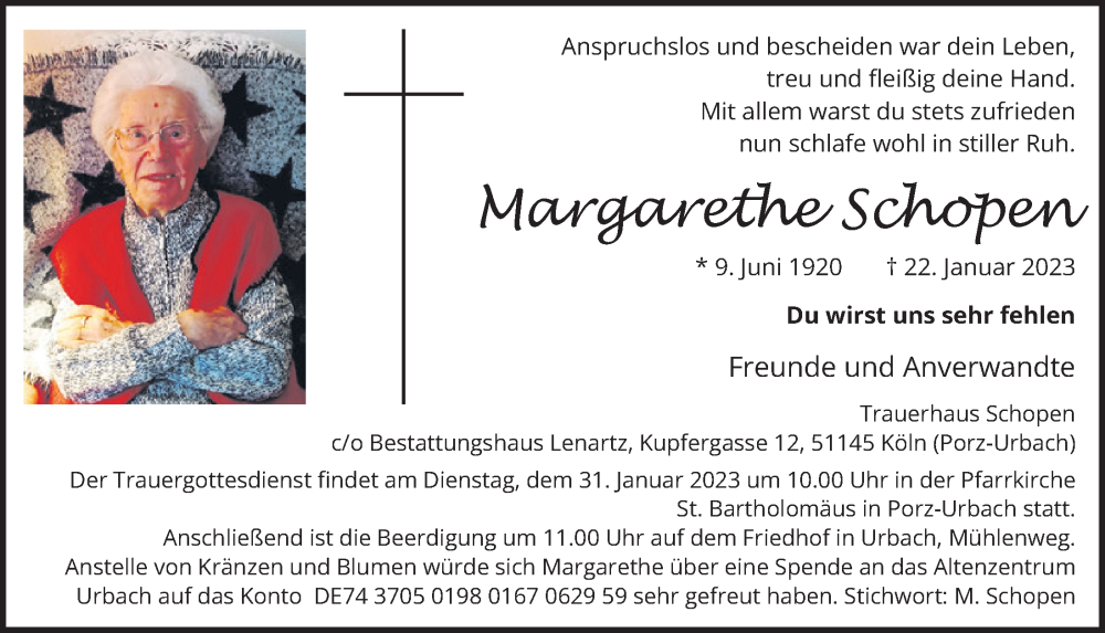  Traueranzeige für Margarethe Schopen vom 27.01.2023 aus  EXPRESS - Die Woche 