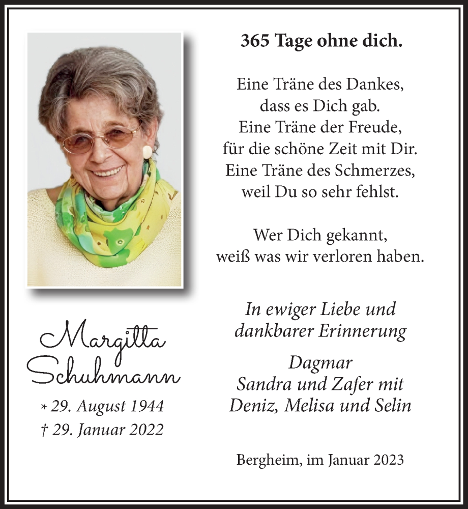  Traueranzeige für Margitta Schuhmann vom 27.01.2023 aus  Werbepost 