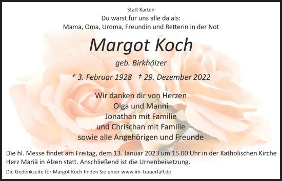 Anzeige von Margot Koch von  Lokalanzeiger 