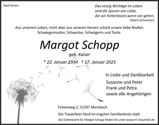 Anzeige von Margot Schopp von  Lokalanzeiger 
