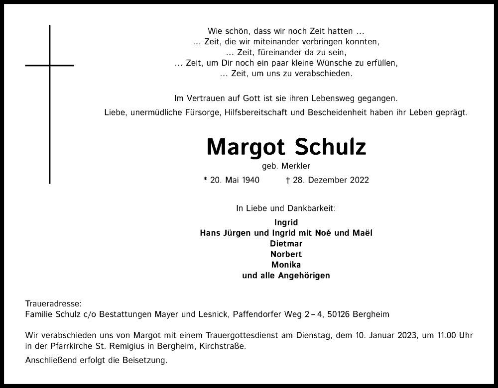  Traueranzeige für Margot Schulz vom 07.01.2023 aus Kölner Stadt-Anzeiger / Kölnische Rundschau / Express