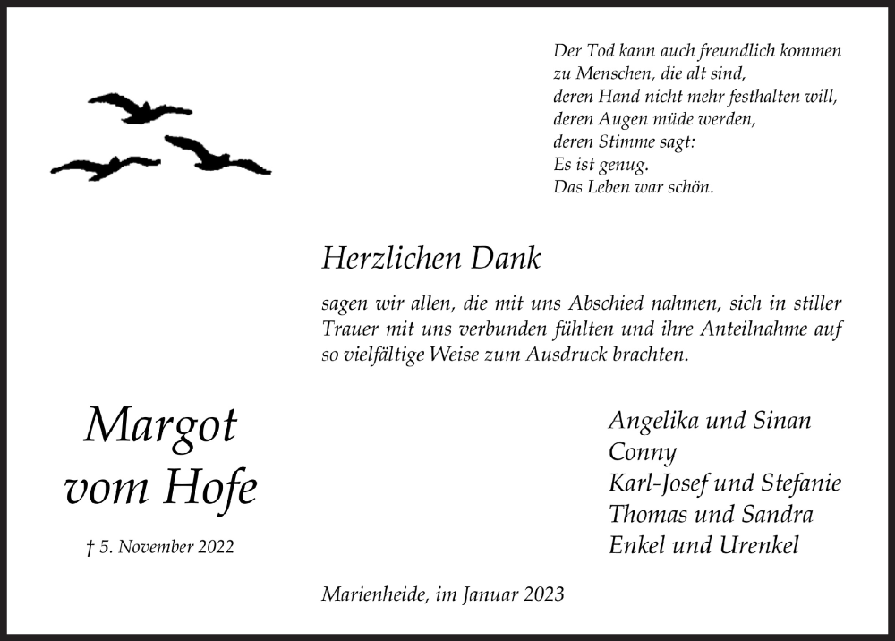  Traueranzeige für Margot vom Hofe vom 20.01.2023 aus  Anzeigen Echo 