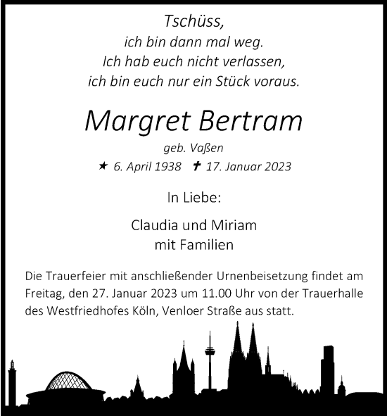 Anzeige von Margret Bertram von Kölner Stadt-Anzeiger / Kölnische Rundschau / Express