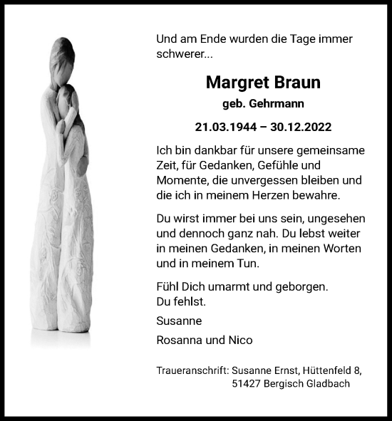 Anzeige von Margret Braun von Kölner Stadt-Anzeiger / Kölnische Rundschau / Express