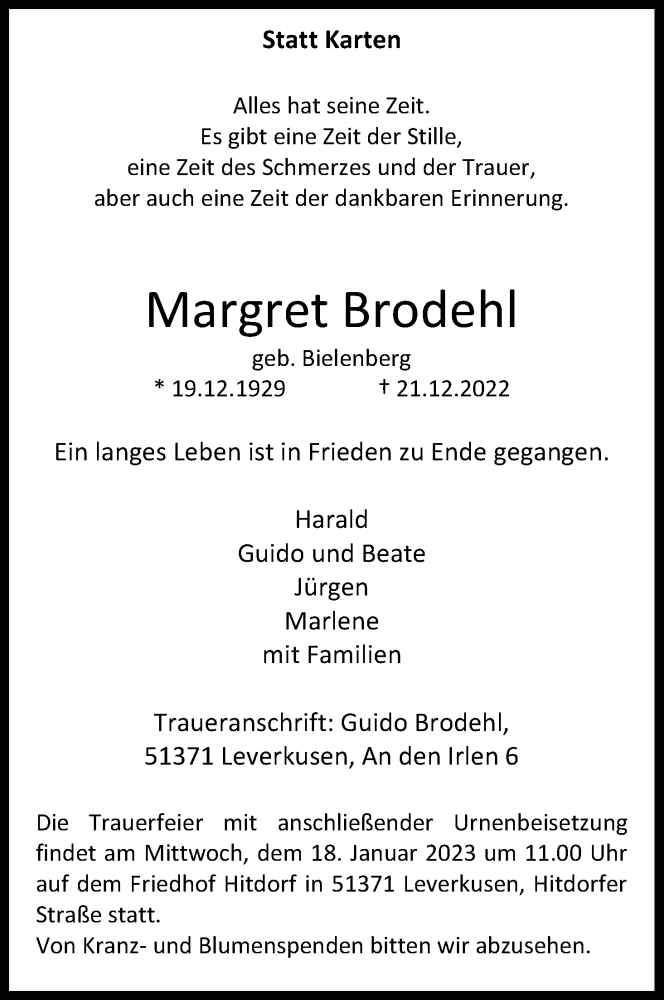  Traueranzeige für Margret Brodehl vom 11.01.2023 aus Kölner Stadt-Anzeiger / Kölnische Rundschau / Express