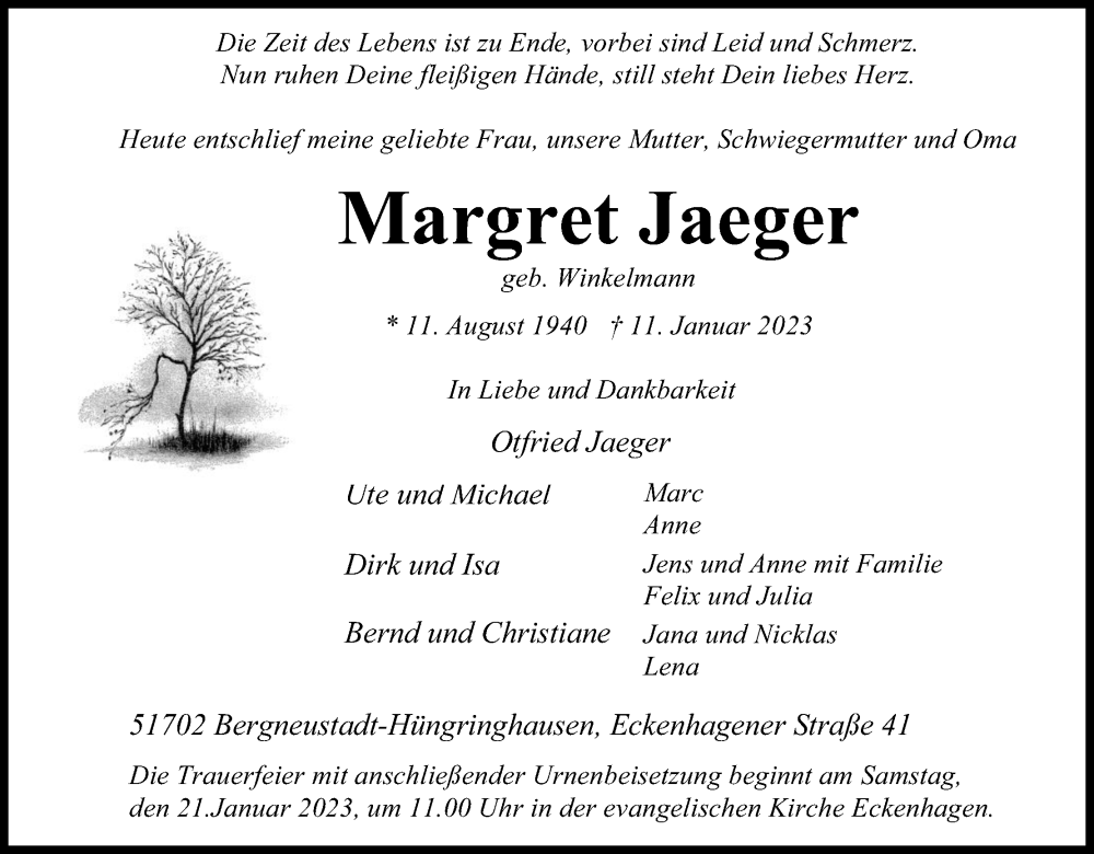  Traueranzeige für Margret Jaeger vom 14.01.2023 aus Kölner Stadt-Anzeiger / Kölnische Rundschau / Express