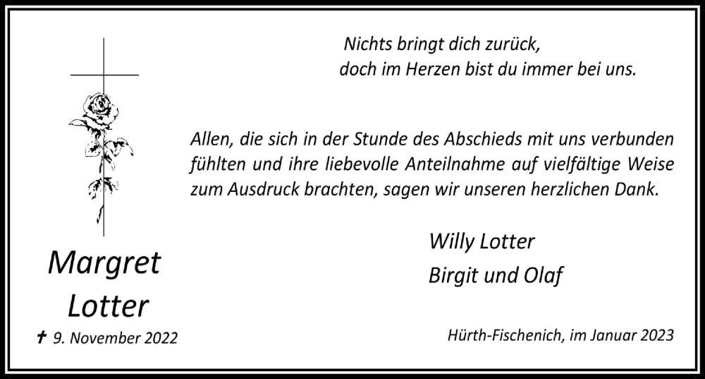  Traueranzeige für Margret Lotter vom 13.01.2023 aus  Wochenende  Schlossbote/Werbekurier 