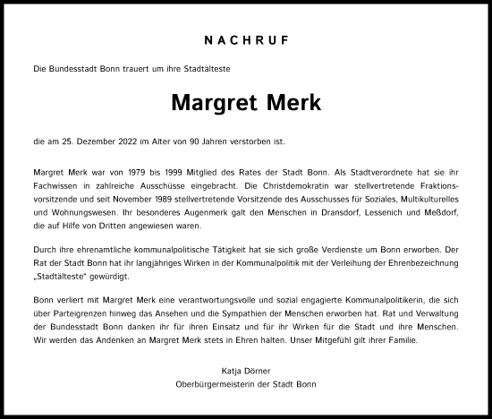 Anzeige von MArgret Merk von Kölner Stadt-Anzeiger / Kölnische Rundschau / Express