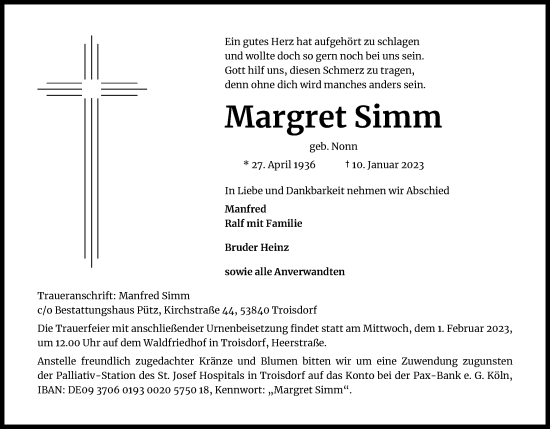 Anzeige von Margret Simm von Kölner Stadt-Anzeiger / Kölnische Rundschau / Express