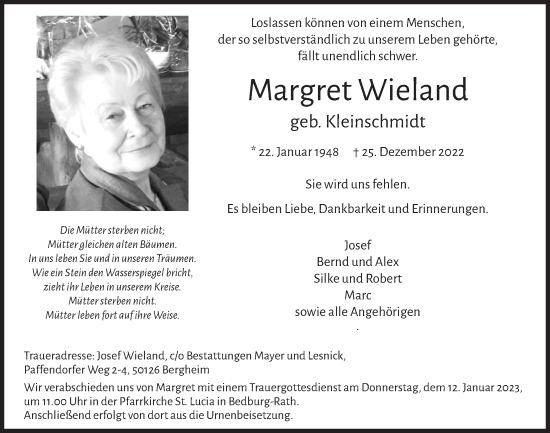 Anzeige von Margret Wieland von  Werbepost 