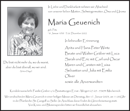 Anzeige von Maria Geuenich von  Blickpunkt Euskirchen 