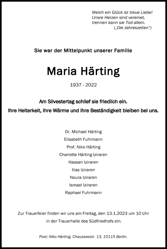 Anzeige von Maria Härting von Kölner Stadt-Anzeiger / Kölnische Rundschau / Express
