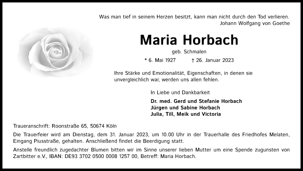  Traueranzeige für Maria Horbach vom 28.01.2023 aus Kölner Stadt-Anzeiger / Kölnische Rundschau / Express