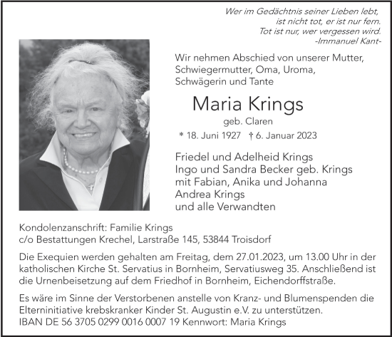 Anzeige von Maria Krings von  Schaufenster/Blickpunkt 