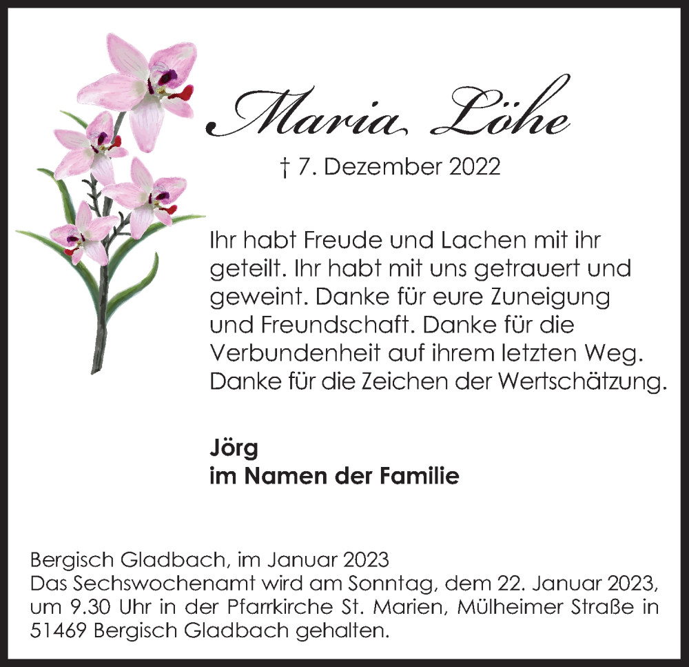  Traueranzeige für Maria Löhe vom 21.01.2023 aus Kölner Stadt-Anzeiger / Kölnische Rundschau / Express