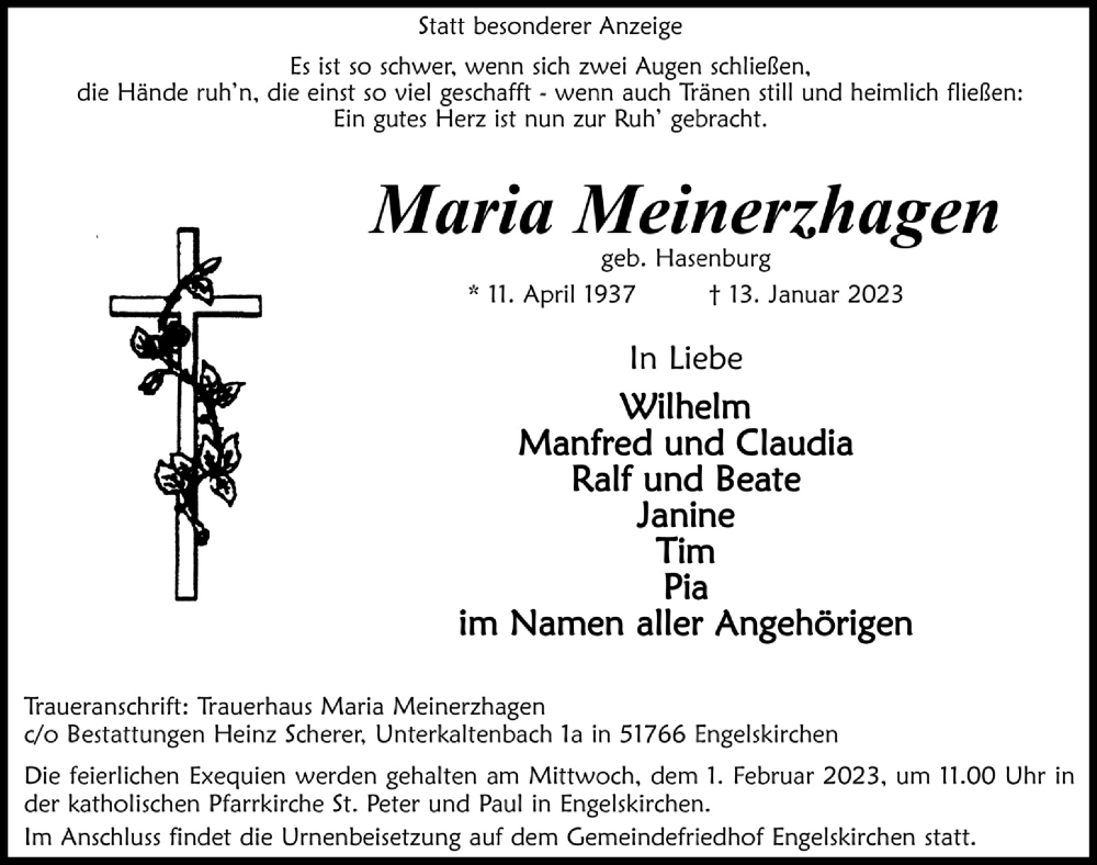  Traueranzeige für Maria Meinerzhagen vom 20.01.2023 aus  Anzeigen Echo 