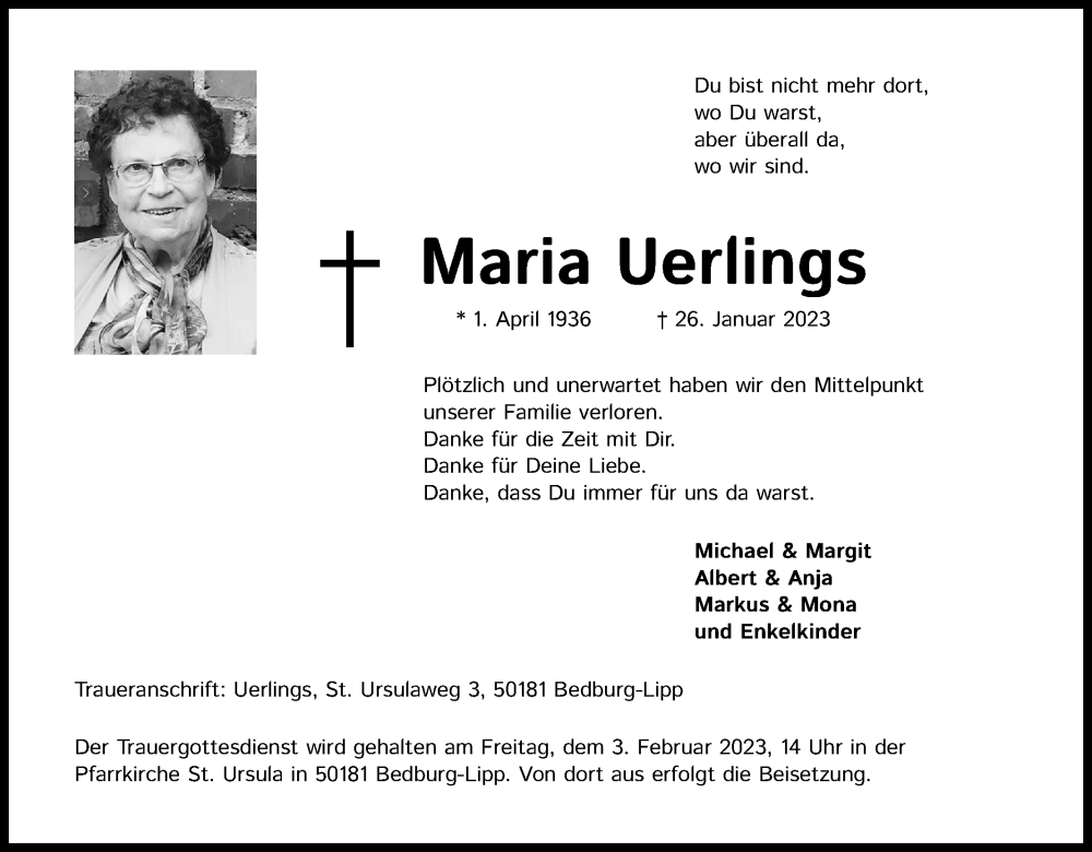  Traueranzeige für Maria Uerlings vom 31.01.2023 aus Kölner Stadt-Anzeiger / Kölnische Rundschau / Express