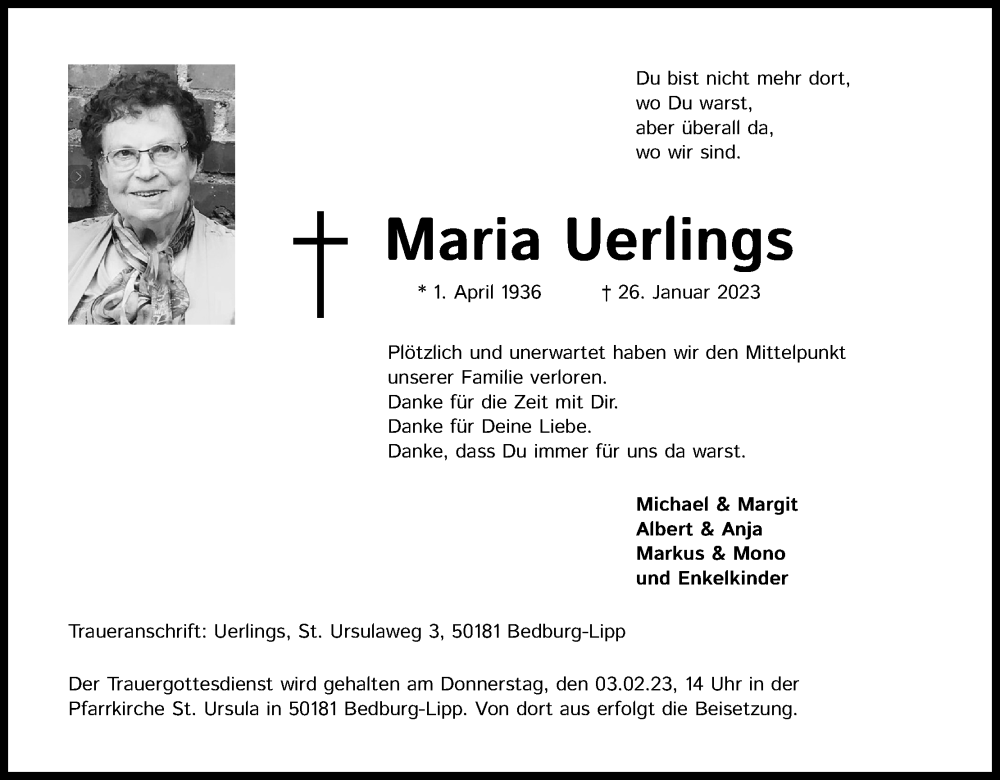  Traueranzeige für Maria Uerlings vom 28.01.2023 aus Kölner Stadt-Anzeiger / Kölnische Rundschau / Express