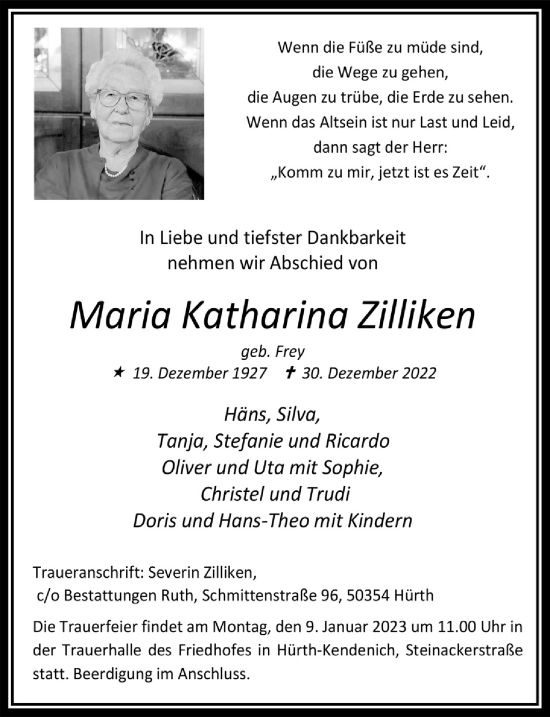 Anzeige von Maria Katharina Zilliken von  Wochenende 