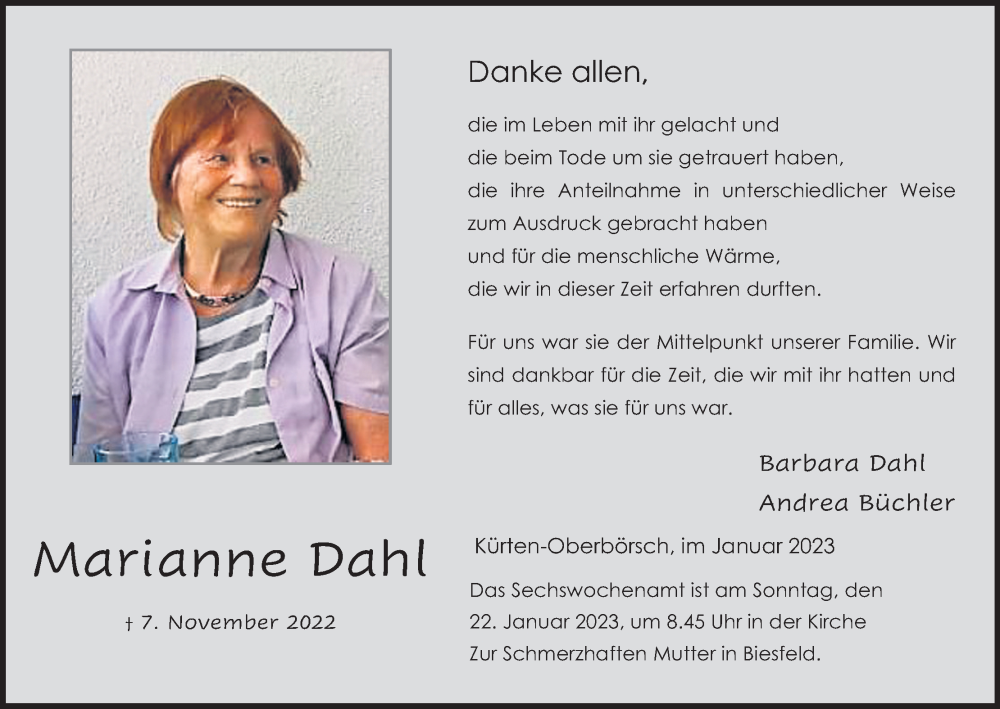  Traueranzeige für Marianne Dahl vom 14.01.2023 aus Kölner Stadt-Anzeiger / Kölnische Rundschau / Express