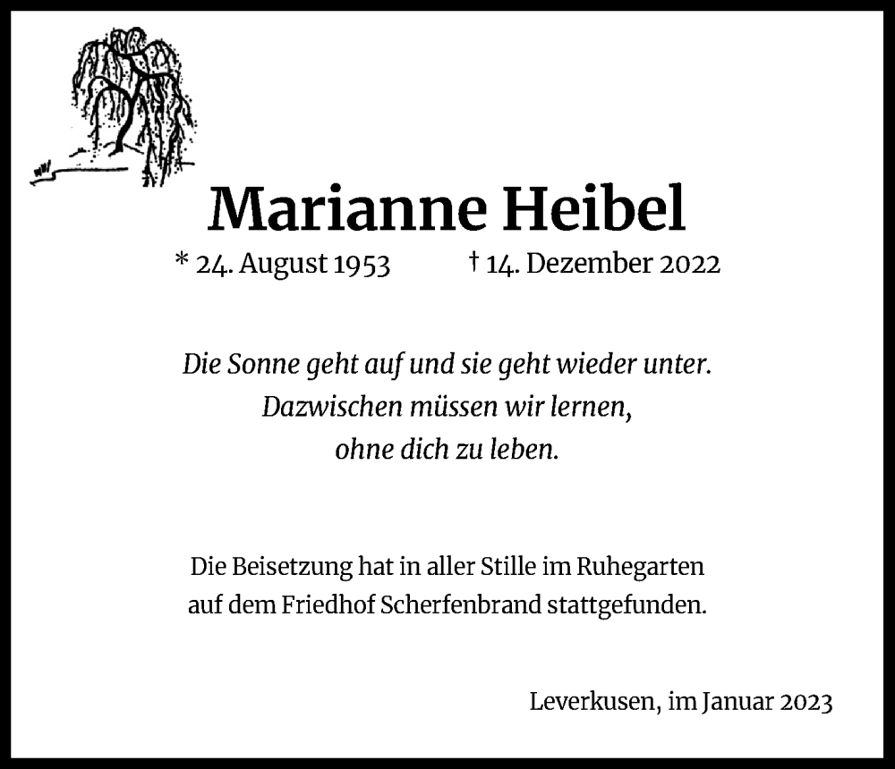  Traueranzeige für Marianne Heibel vom 28.01.2023 aus Kölner Stadt-Anzeiger / Kölnische Rundschau / Express