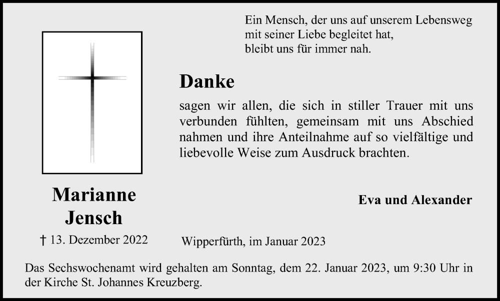  Traueranzeige für Marianne Jensch vom 14.01.2023 aus Kölner Stadt-Anzeiger / Kölnische Rundschau / Express