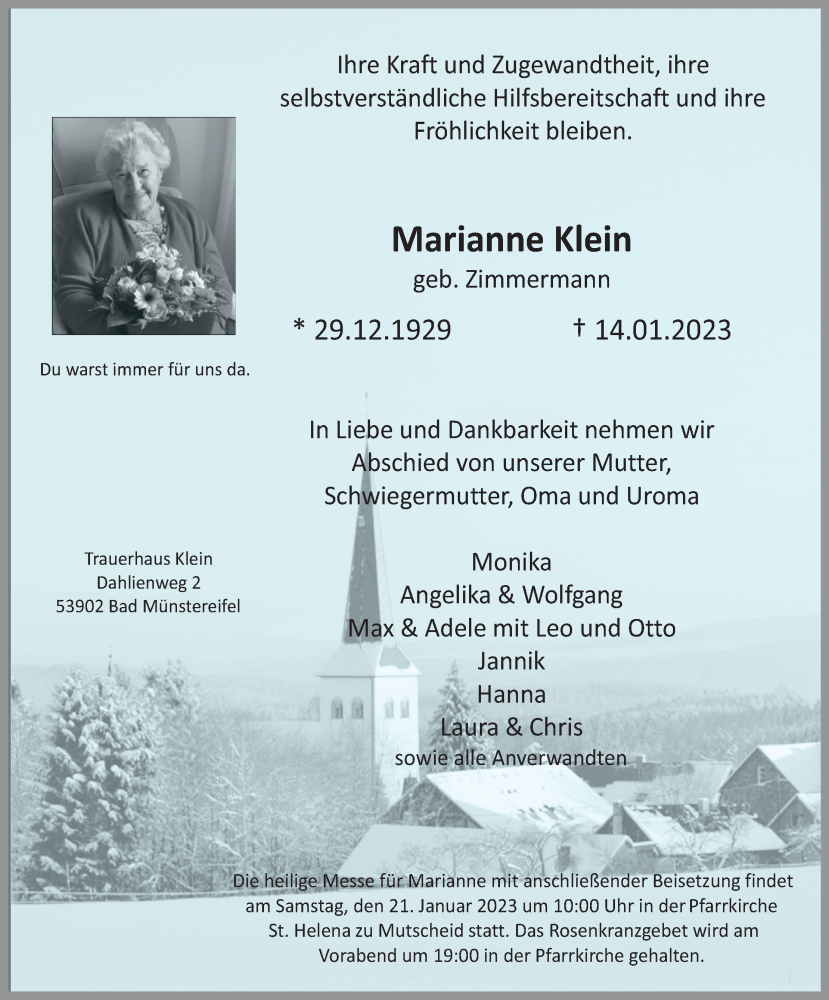  Traueranzeige für Marianne Klein vom 18.01.2023 aus Kölner Stadt-Anzeiger / Kölnische Rundschau / Express