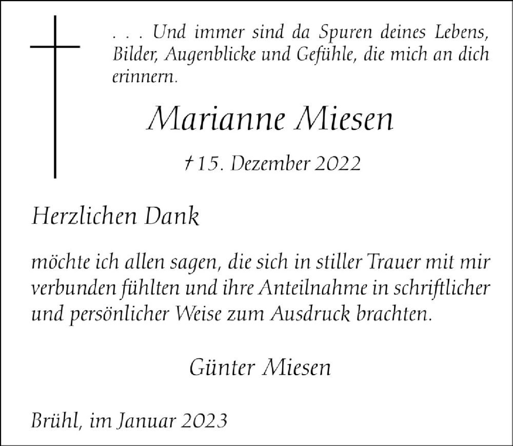  Traueranzeige für Marianne Miesen vom 27.01.2023 aus  Schlossbote/Werbekurier 