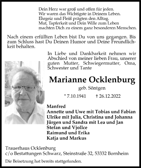 Anzeige von Marianne Ocklenburg von  Schlossbote/Werbekurier 