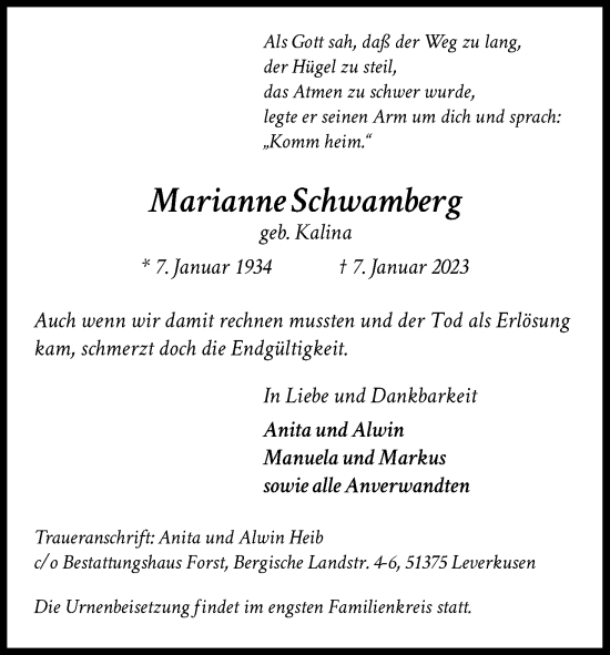 Anzeige von Marianne Schwamberg von Kölner Stadt-Anzeiger / Kölnische Rundschau / Express