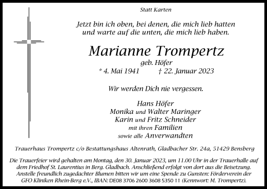 Anzeige von Marianne Trompertz von Kölner Stadt-Anzeiger / Kölnische Rundschau / Express