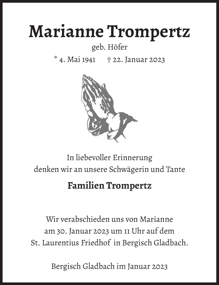  Traueranzeige für Marianne Trompertz vom 27.01.2023 aus  Bergisches Handelsblatt 