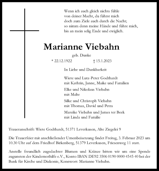 Anzeige von Marianne Viebahn von Kölner Stadt-Anzeiger / Kölnische Rundschau / Express