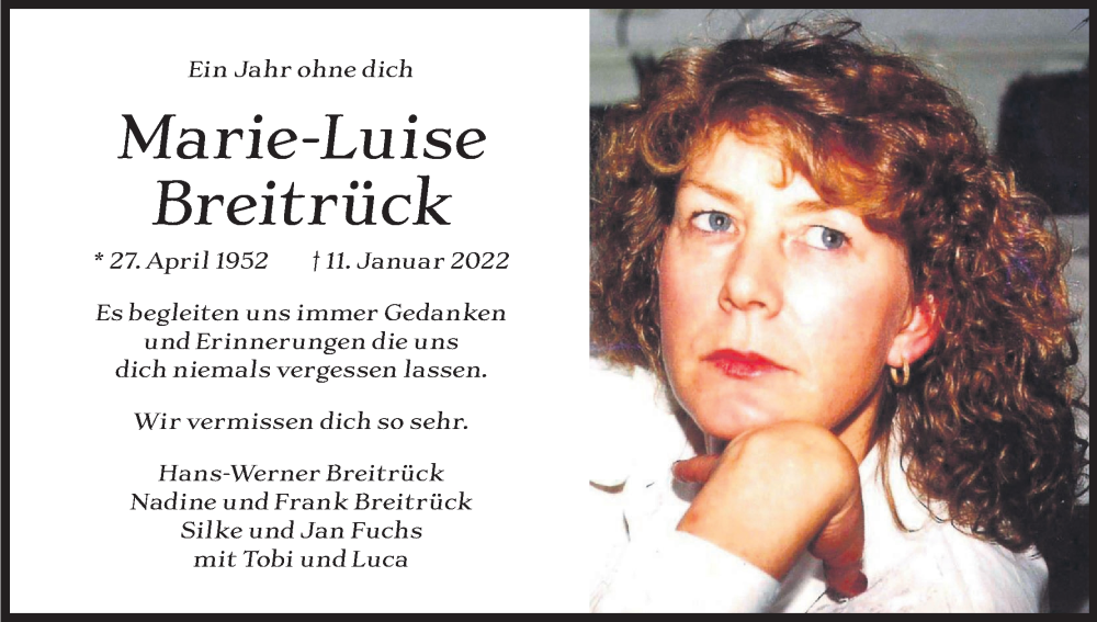  Traueranzeige für Marie-Luise Breitrück vom 11.01.2023 aus Kölner Stadt-Anzeiger / Kölnische Rundschau / Express