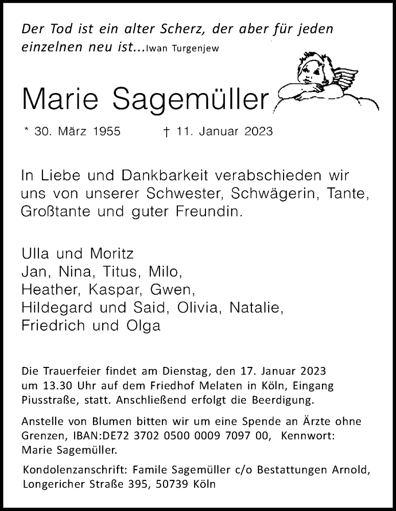  Traueranzeige für Marie Sagemüller vom 14.01.2023 aus Kölner Stadt-Anzeiger / Kölnische Rundschau / Express