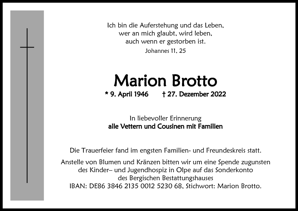  Traueranzeige für Marion Brotto vom 07.01.2023 aus Kölner Stadt-Anzeiger / Kölnische Rundschau / Express