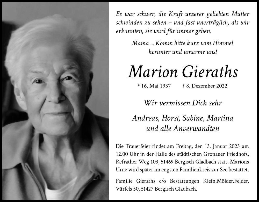  Traueranzeige für Marion Gieraths vom 07.01.2023 aus Kölner Stadt-Anzeiger / Kölnische Rundschau / Express